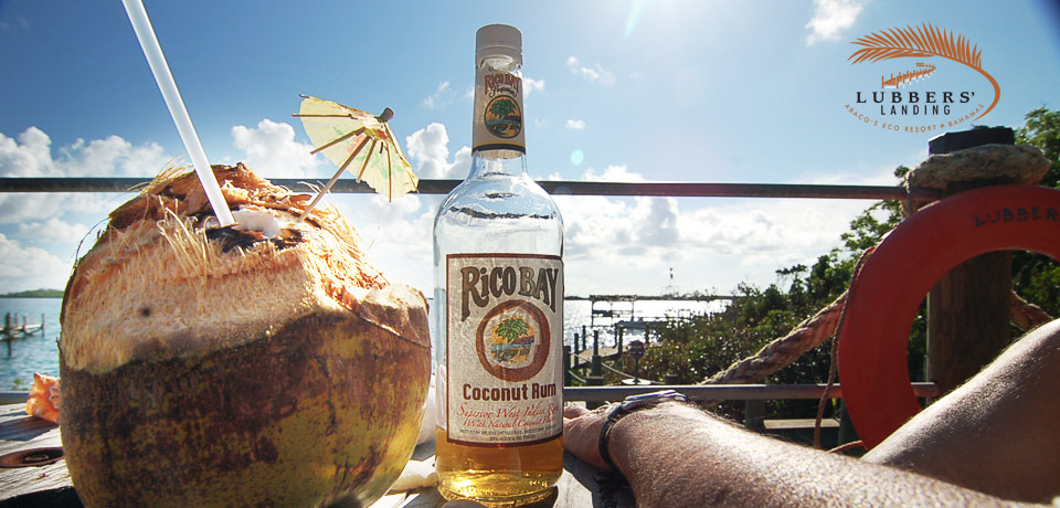 Coconut cocktail at Lubbers' Landing Bar at Lubbers' Landing Abaco's Eco-Resort in Abaco Bahamas.